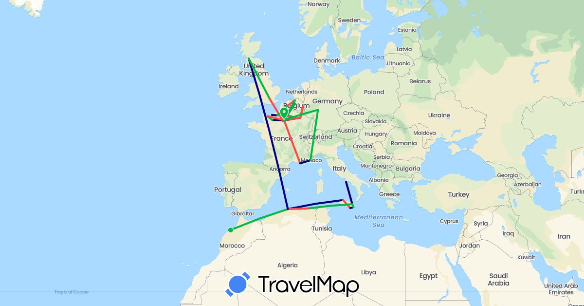 TravelMap itinerary: driving, bus, hiking in Belgium, Germany, Algeria, France, United Kingdom, Italy, Morocco (Africa, Europe)